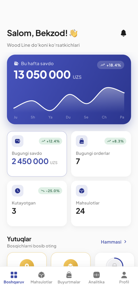 Woody ilovasi — sotuvchi dashboardi